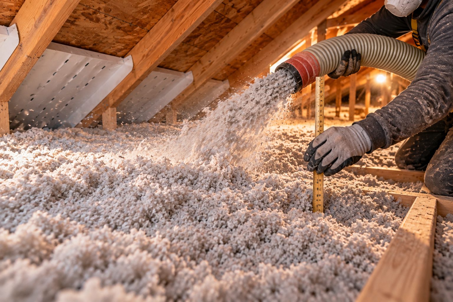 Worker blowing cellulose insulation into an attic, measuring depth with a ruler