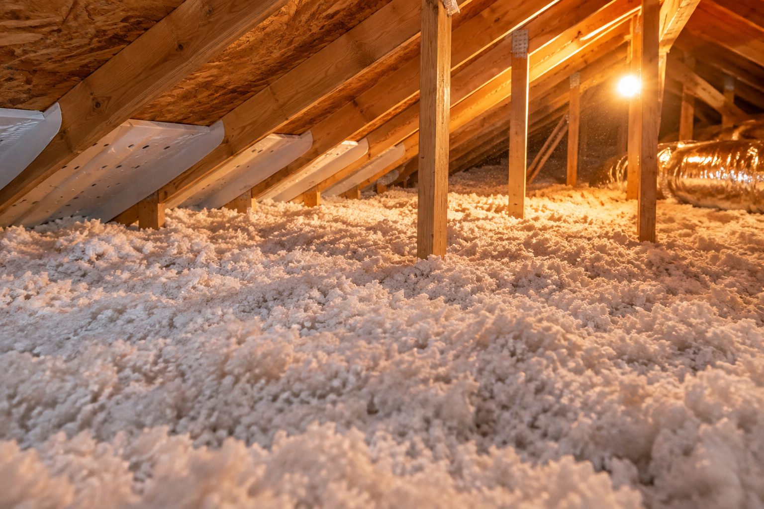 Attic floor covered in deep blown-in insulation with baffles keeping soffit vents clear