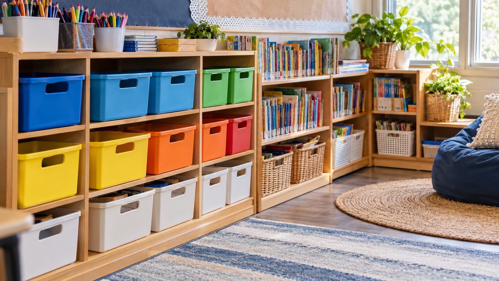 Labelled storage bins and shelves with books and classroom supplies in a tidy classroom corner