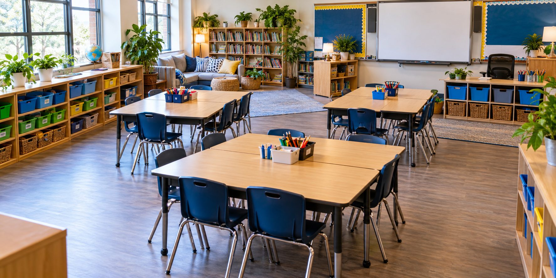 Well-organised primary school classroom with grouped desks, labelled storage cubbies, reading corner and clear walkways