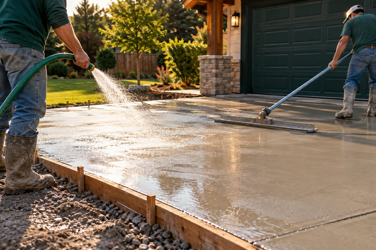 Worker adding water while finishing fresh concrete during a driveway pour