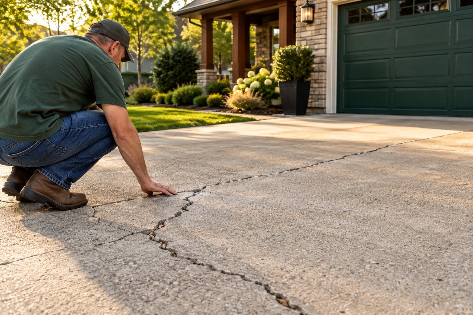Homeowner inspecting a long crack across a concrete driveway in front of a suburban home