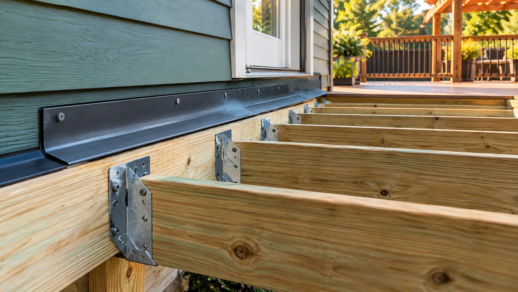 Close view of a deck joist hanger, structural fasteners and ledger flashing