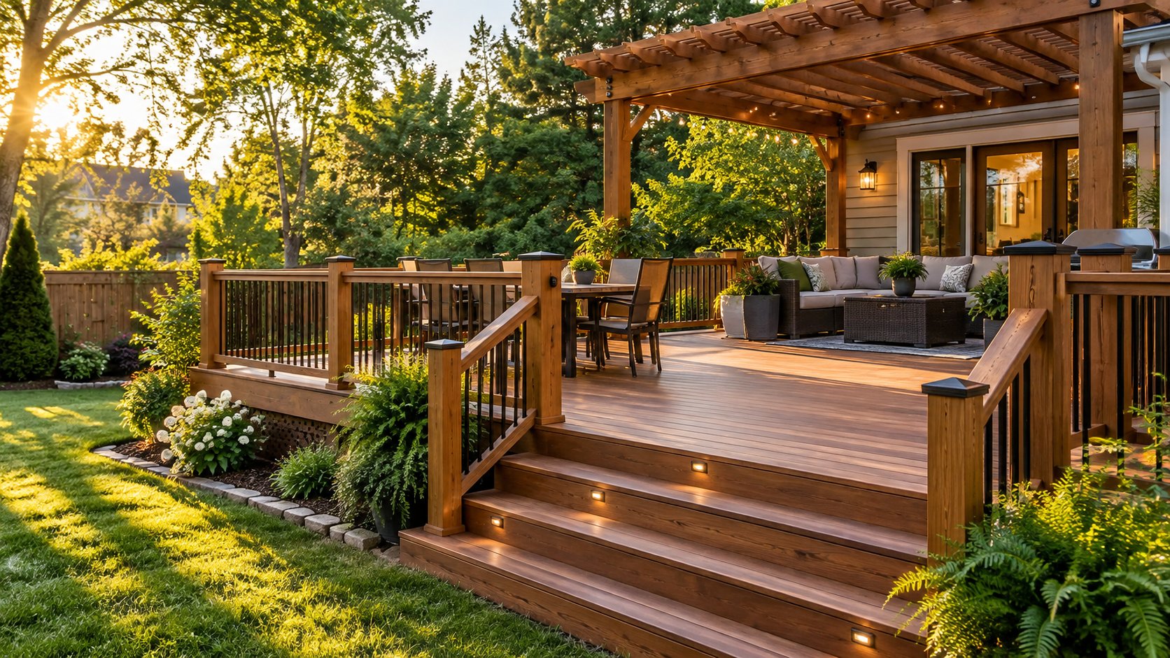Well-built wooden deck with secure railing and correctly flashed ledger beside a house