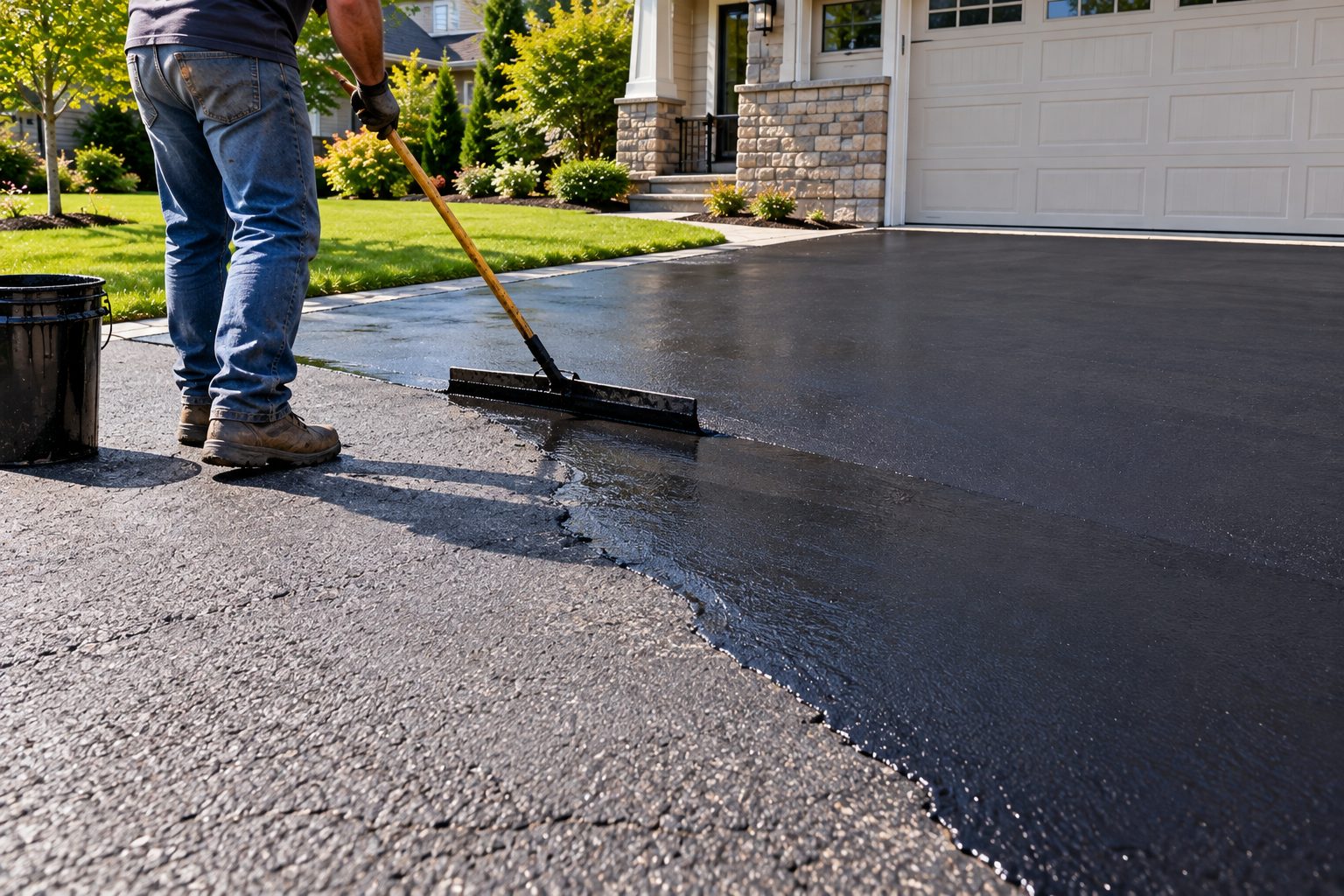 Worker spreading sealcoat on an asphalt driveway with a squeegee