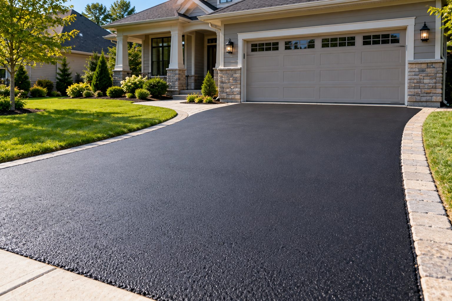 Freshly sealed black asphalt driveway in front of a suburban house