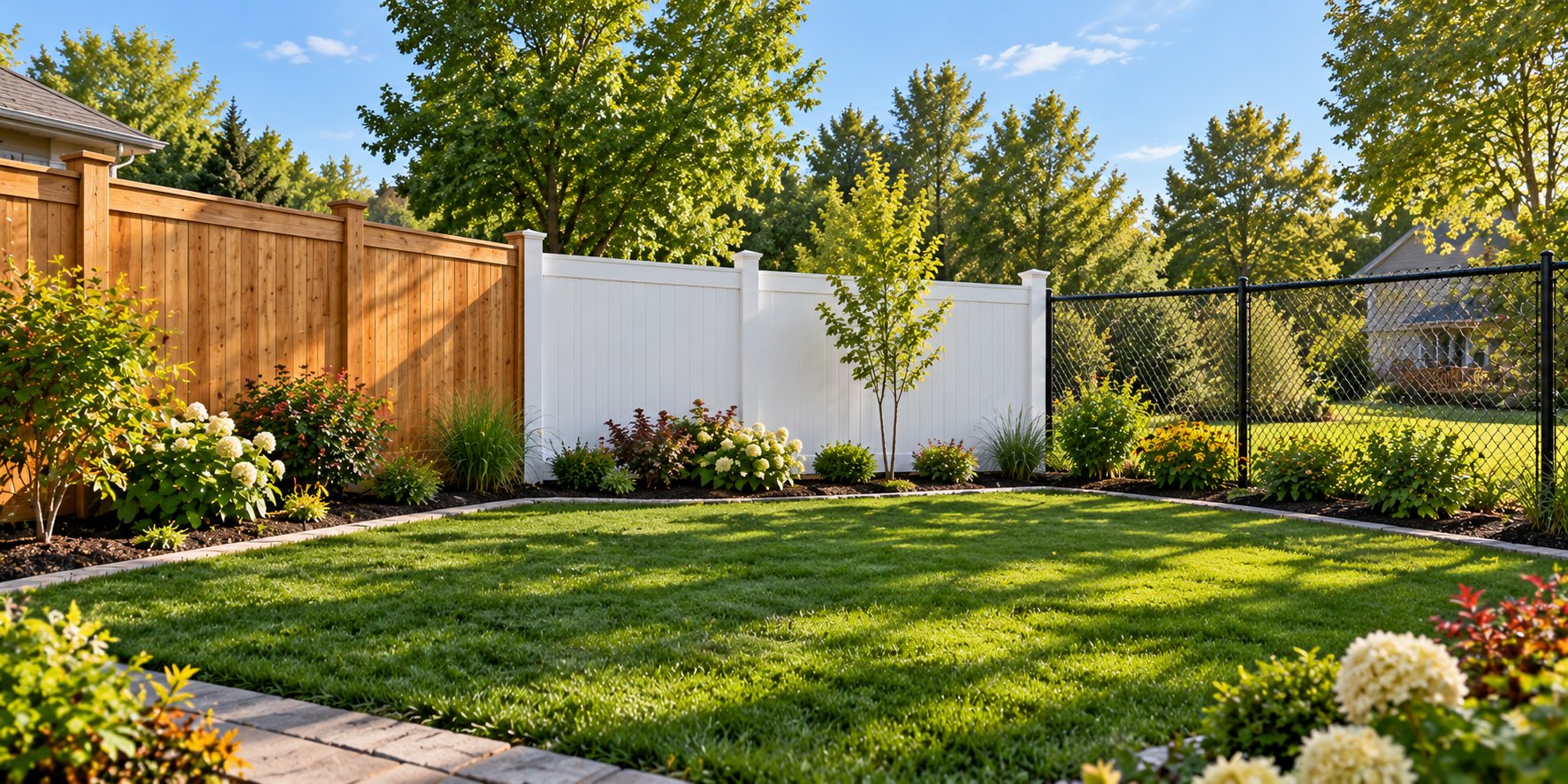 Three fence styles side by side in a garden: wooden privacy fence, white vinyl fence and chain-link fence