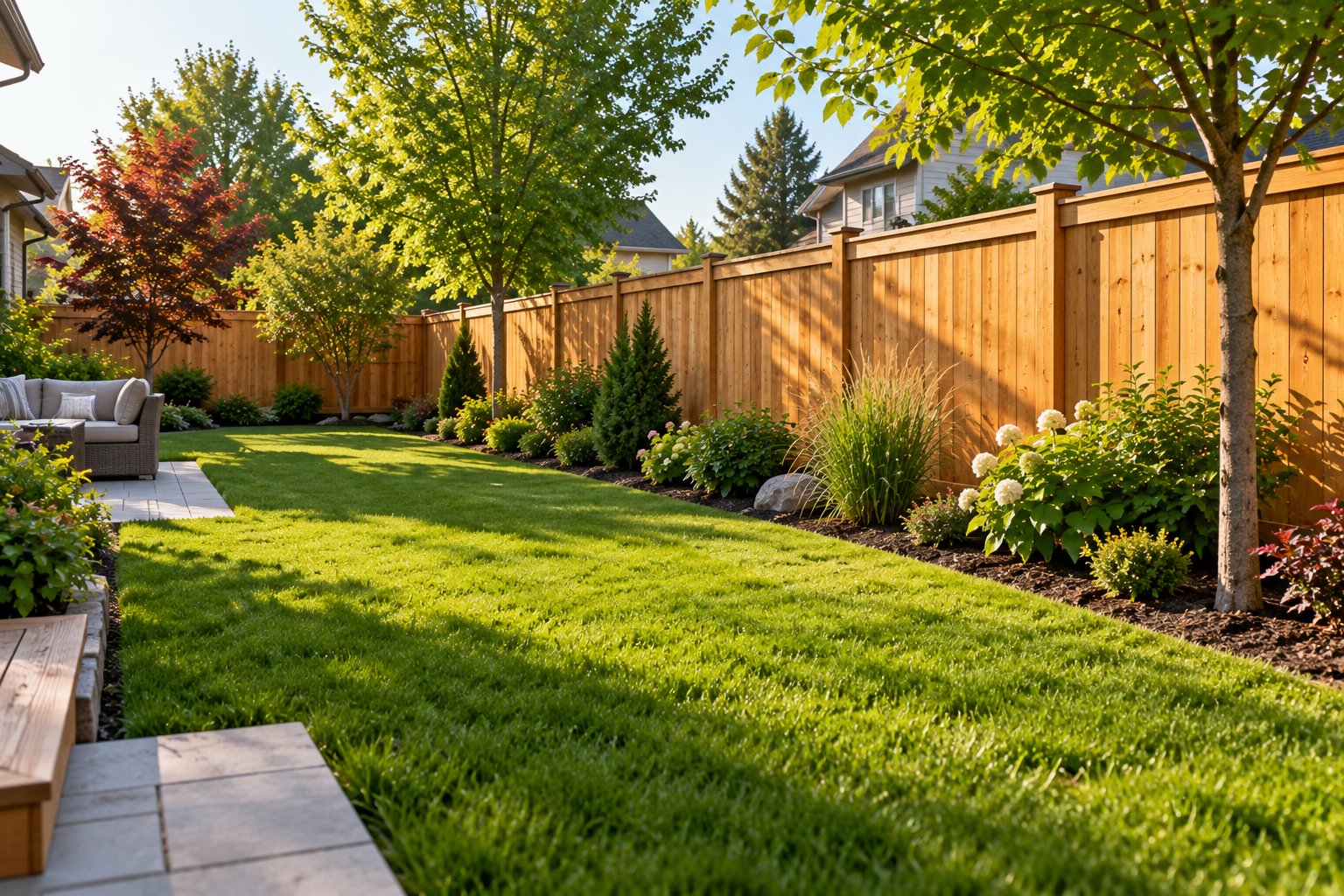 Neat suburban backyard with a newly built wooden privacy fence along the property line, green lawn and garden beds