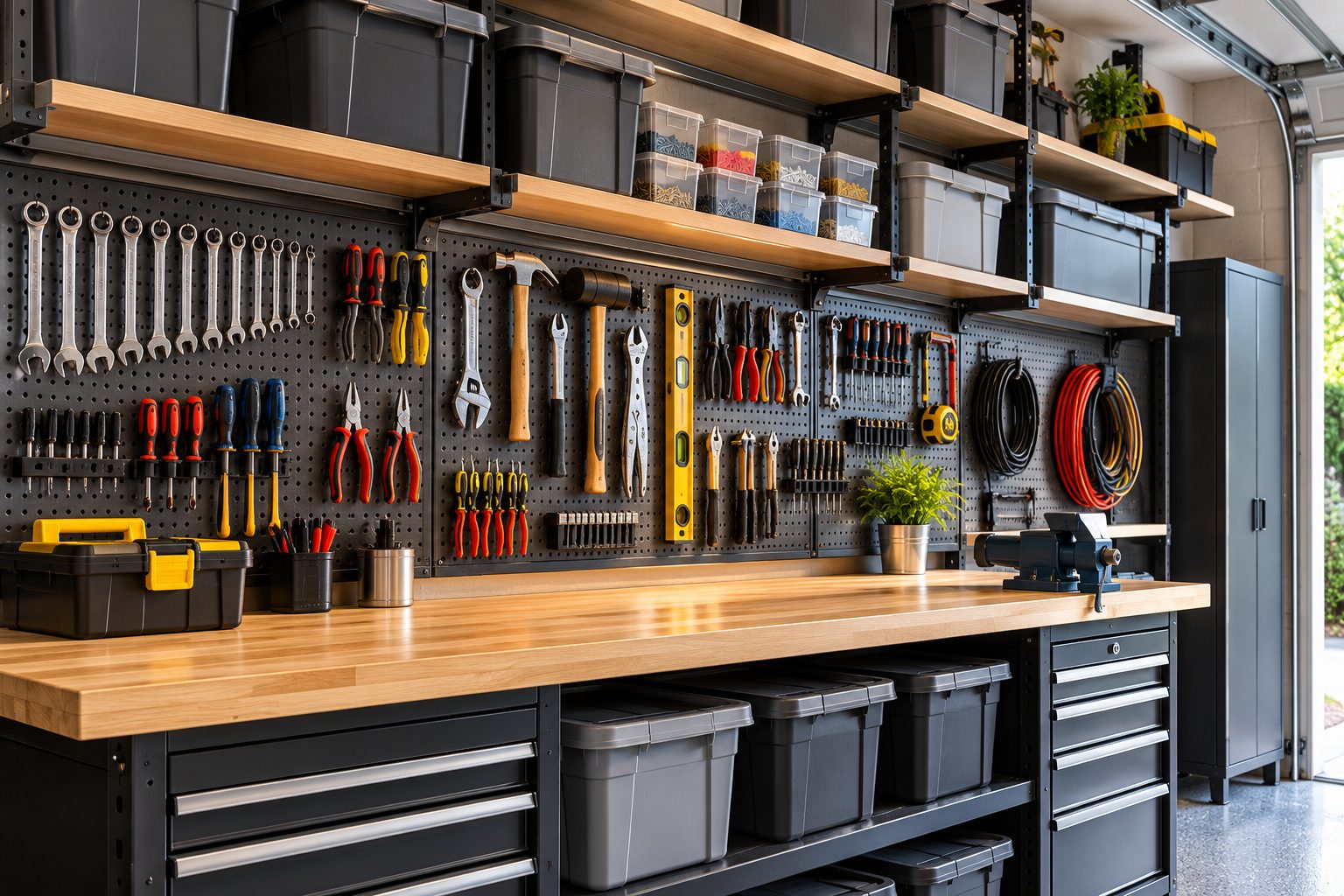 Garage wall storage system with pegboard tools, shelving bins and a workbench