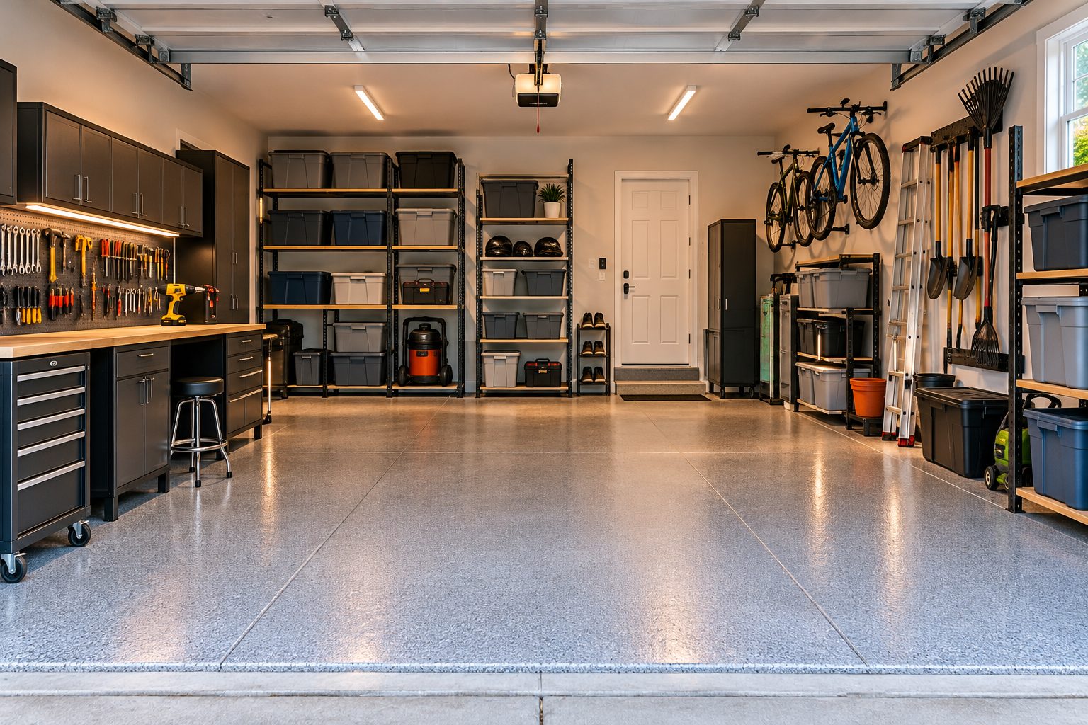 Tidy two-car garage organised in zones with wall-mounted tool panels, shelving and bicycles on wall hooks