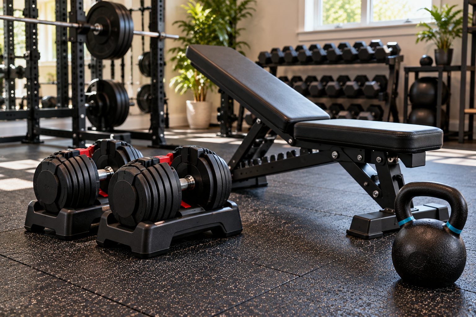 Adjustable dumbbells and a workout bench on rubber gym flooring