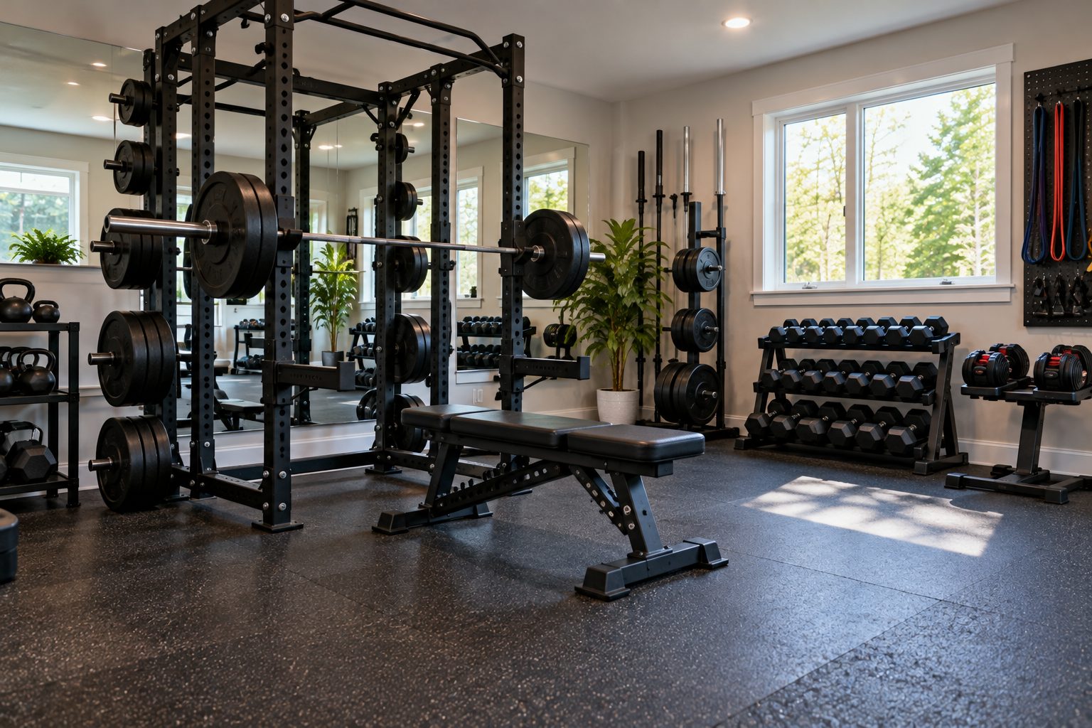 Home gym with a power rack, barbell, dumbbells and rubber flooring