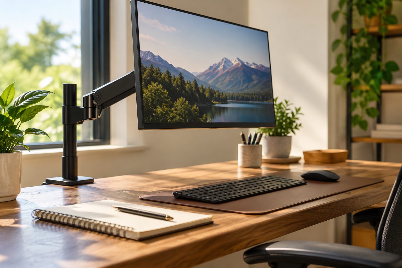 Close view of a monitor on an adjustable arm beside a keyboard and notebook on a wooden desk
