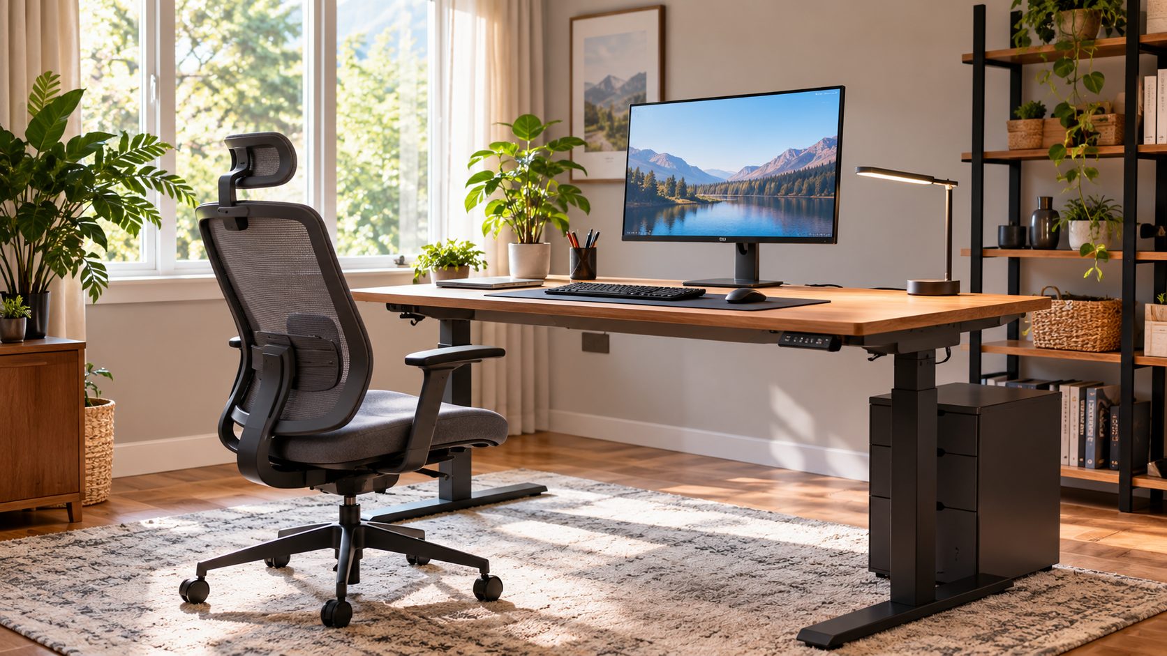 Ergonomic home office with a height-adjustable desk, supportive chair, monitor at eye level and good window light
