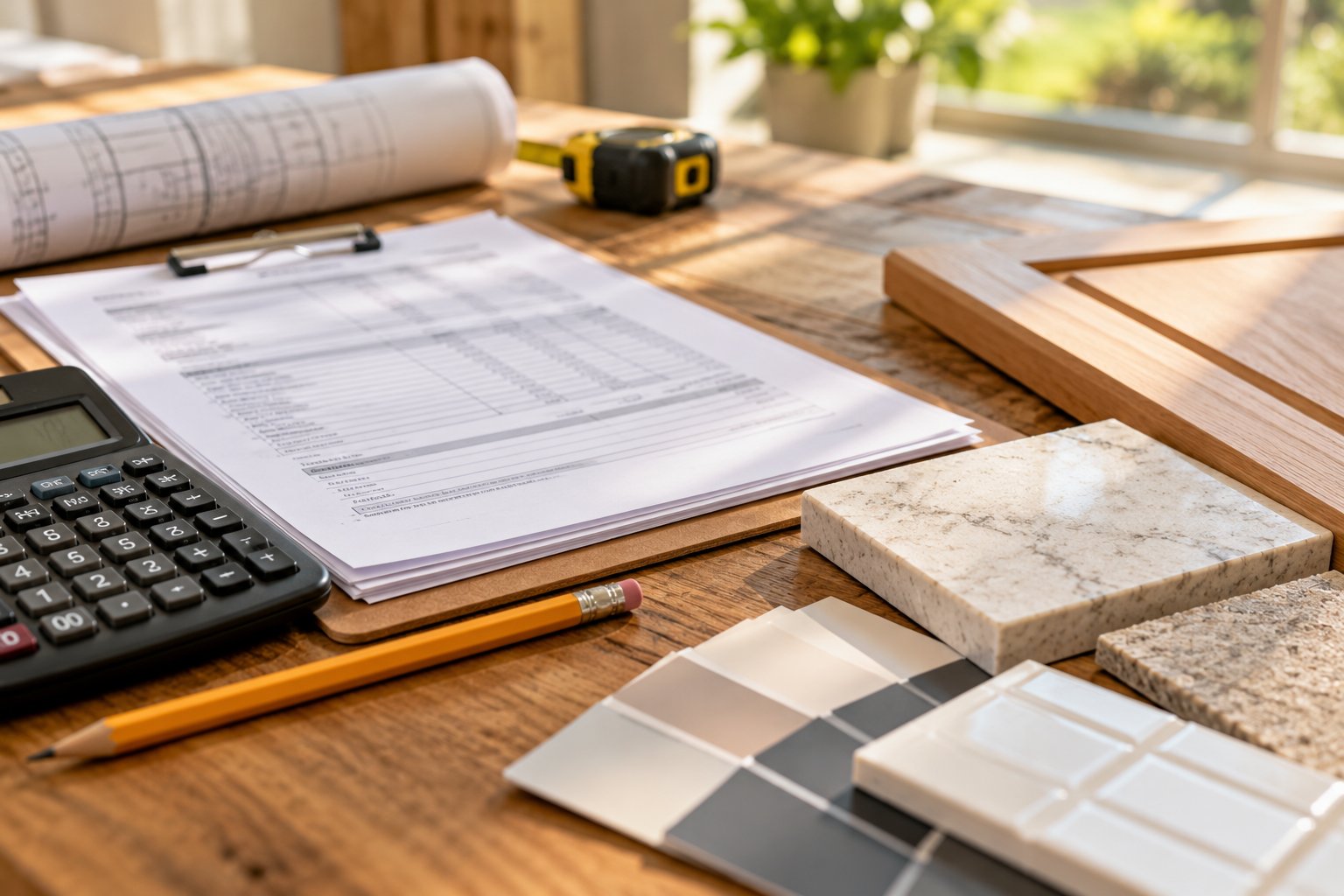 Contractor quote documents, a calculator and renovation material samples on a wooden desk