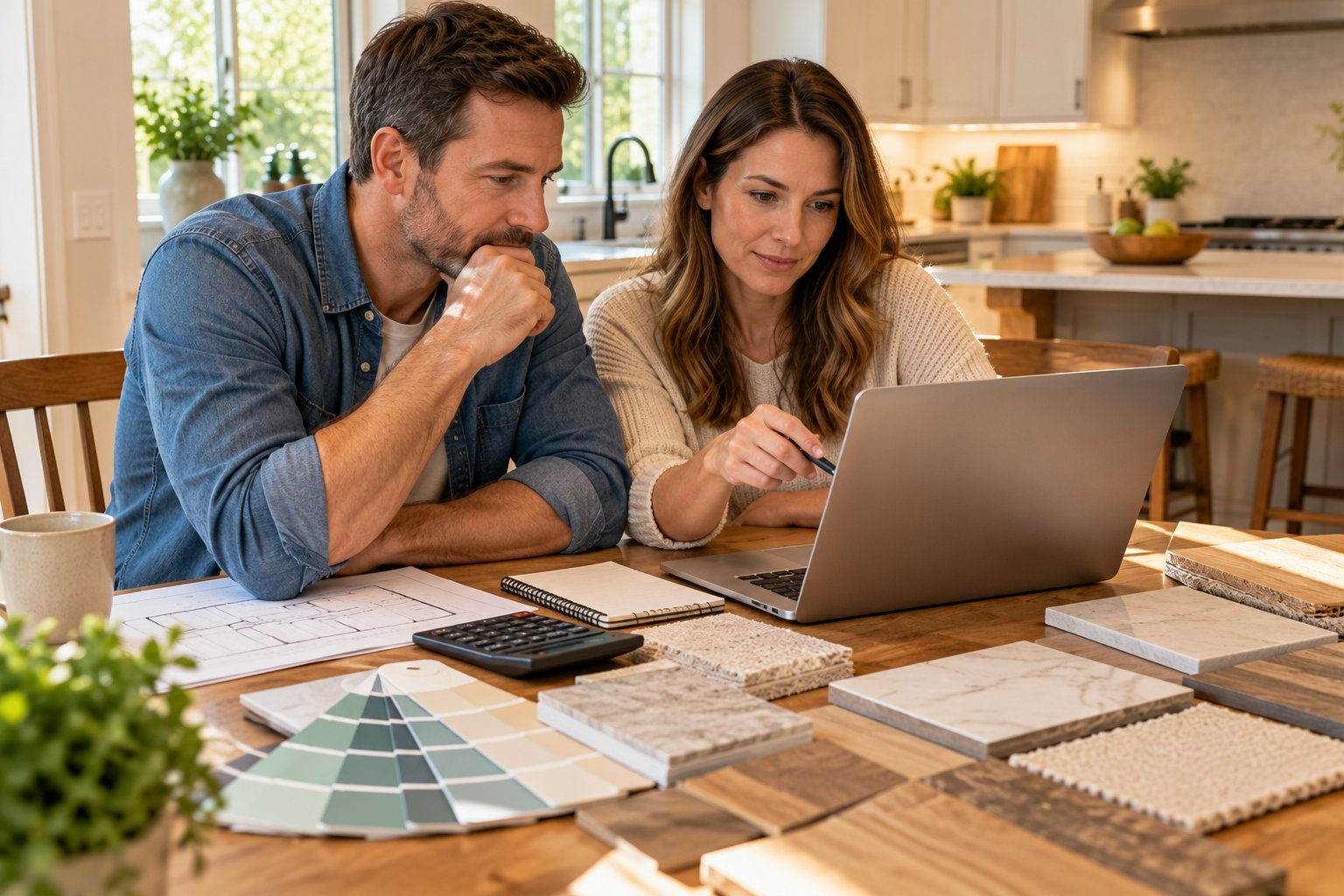 Homeowner couple reviewing a renovation budget spreadsheet on a laptop, paint swatches and tile samples on a kitchen table