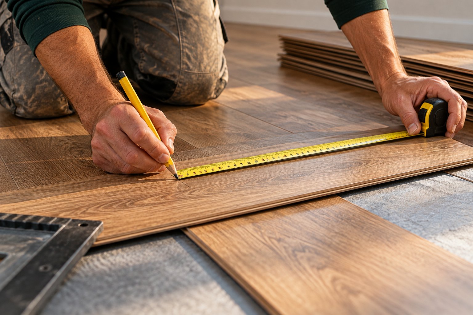 Close view of a tape measure stretched across floor planks marked for measuring and cutting
