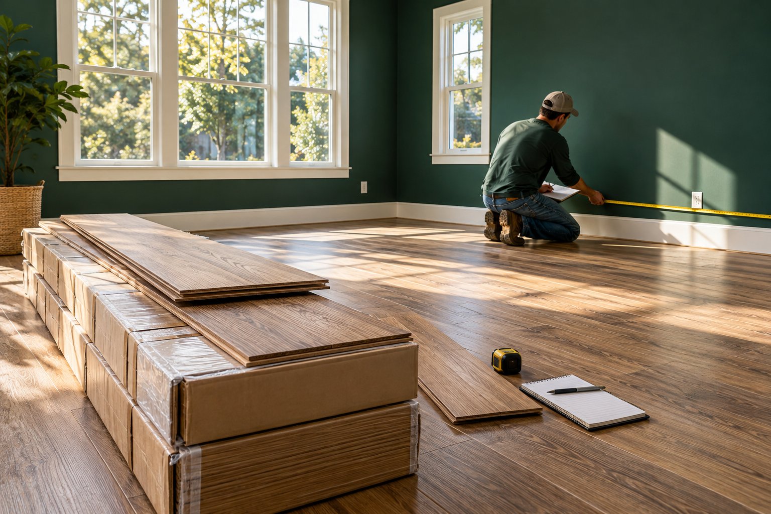 Homeowner measuring a room with a tape measure beside flooring boxes and a written room sketch