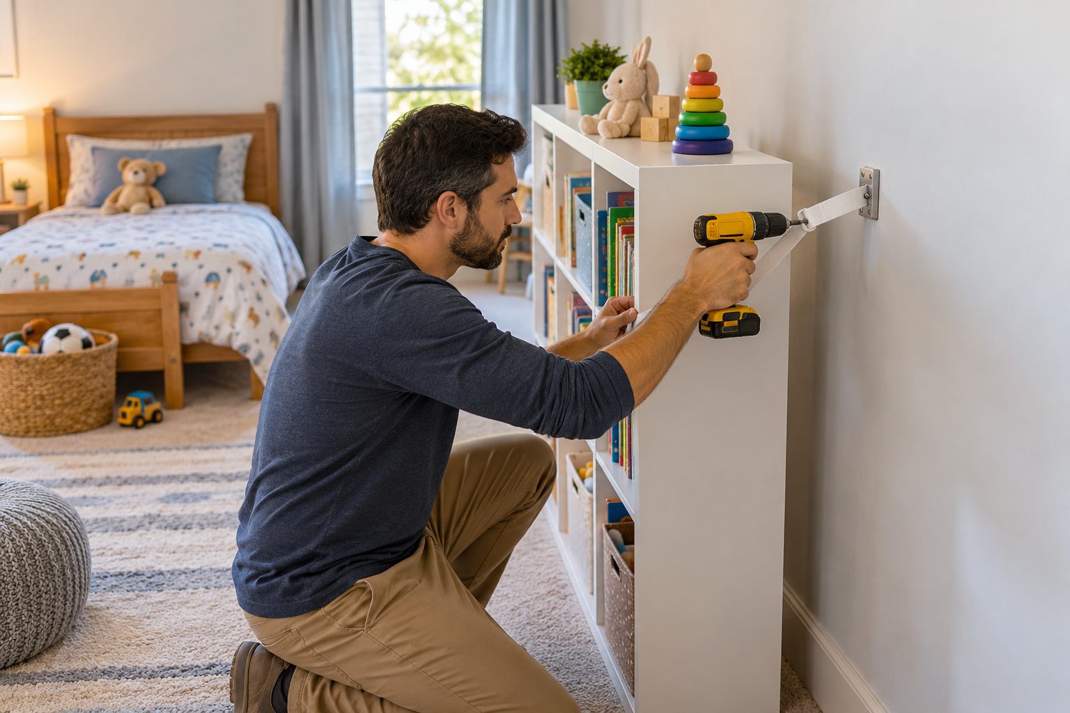 Adult securing a bookshelf to a bedroom wall with a furniture anchor strap and drill
