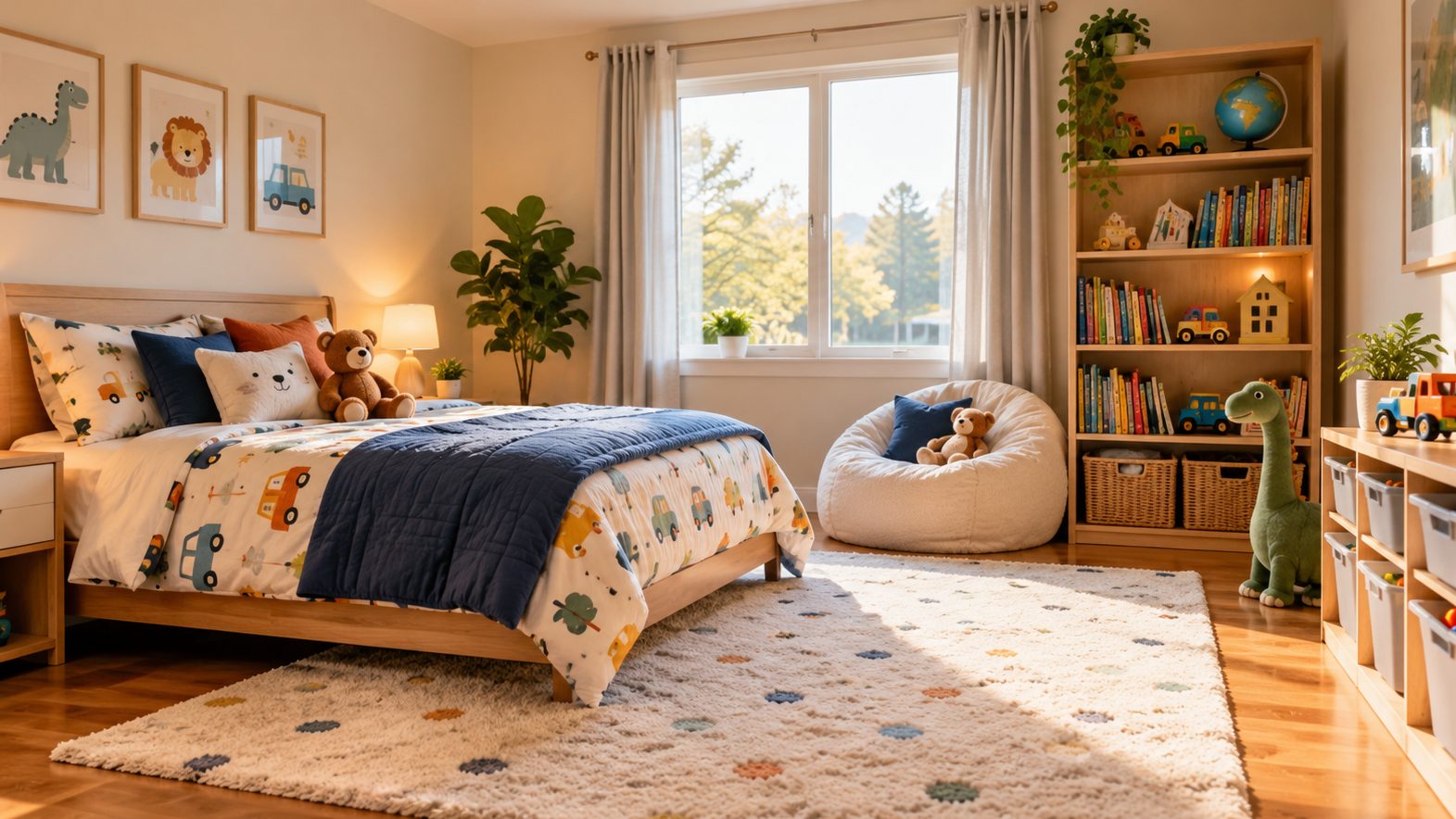 Bright, tidy children's bedroom with a low bed, anchored bookshelf, soft rug and toy storage bins