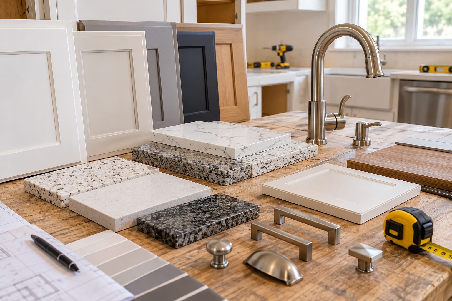 Kitchen remodel materials on a workbench: cabinet door samples, quartz and granite swatches, faucet and cabinet hardware
