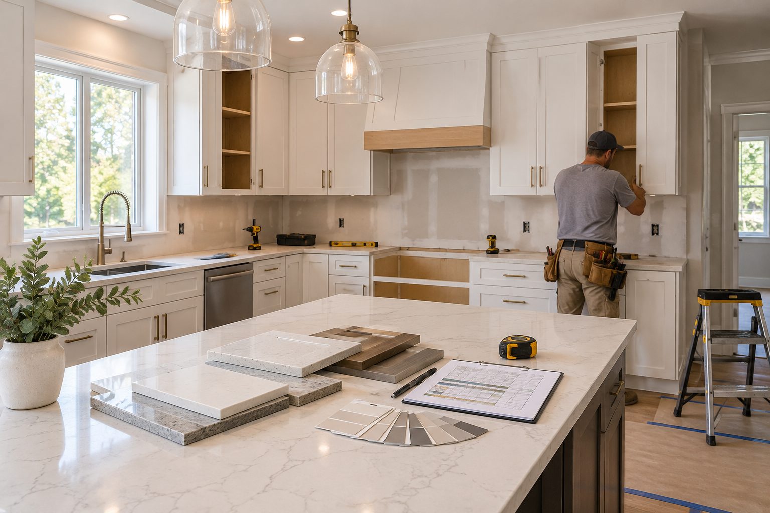 Kitchen mid-remodel with new white cabinets being installed, quartz countertop samples and a budget spreadsheet on the island