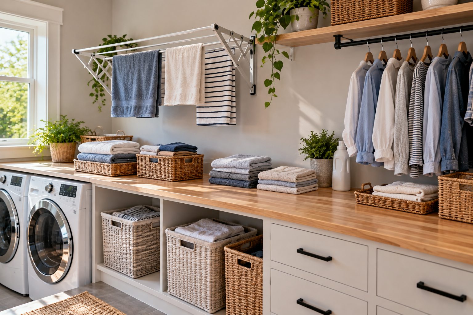 Laundry folding counter with stacked baskets and a wall-mounted drying rack