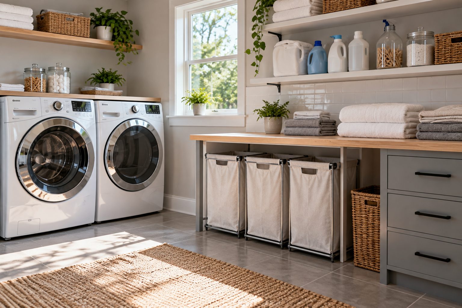 Bright laundry room with front-load machines, sorting bins and a folding counter