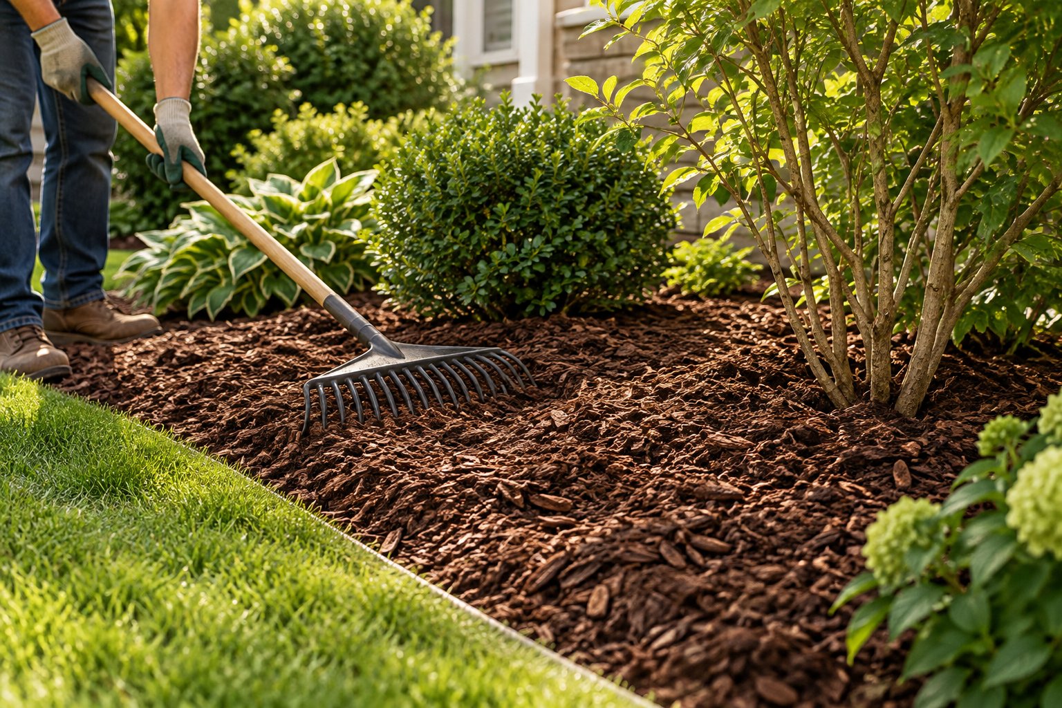 Hands spreading mulch evenly around shrubs with a rake while keeping it away from plant stems