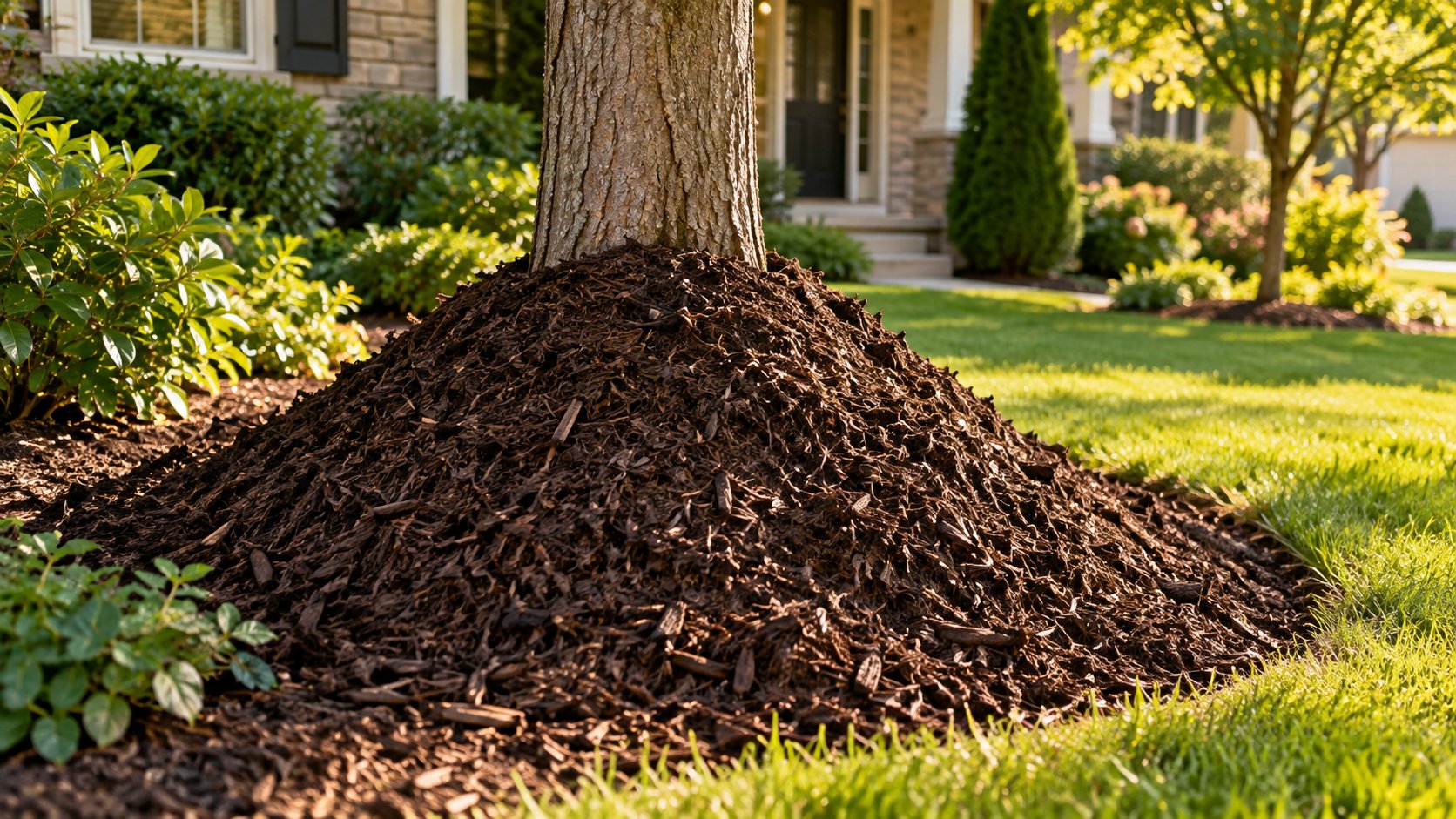 Garden bed with mulch piled in a volcano shape against a tree trunk
