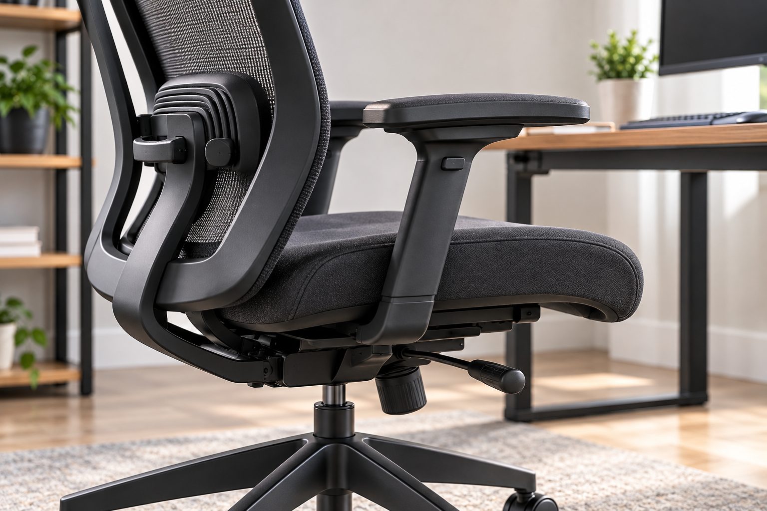 Side view of an ergonomic office chair showing adjustable armrests, lumbar support curve and seat-height lever