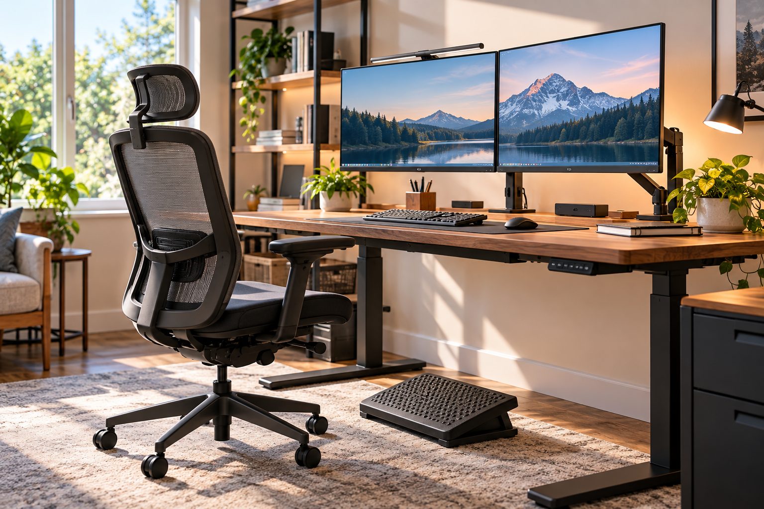 Ergonomic home office with an adjustable chair at a desk with dual monitors at eye level and natural light