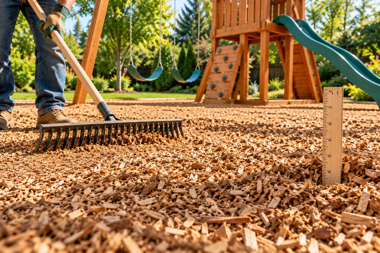 Adult raking engineered wood fibre level under a swing set, measuring the depth with a ruler