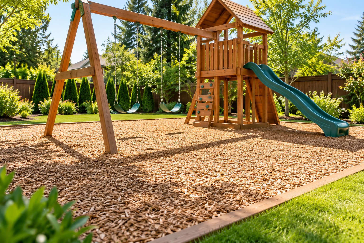 Backyard playground with swings and slide over deep engineered wood fibre surfacing, green lawn and trees around