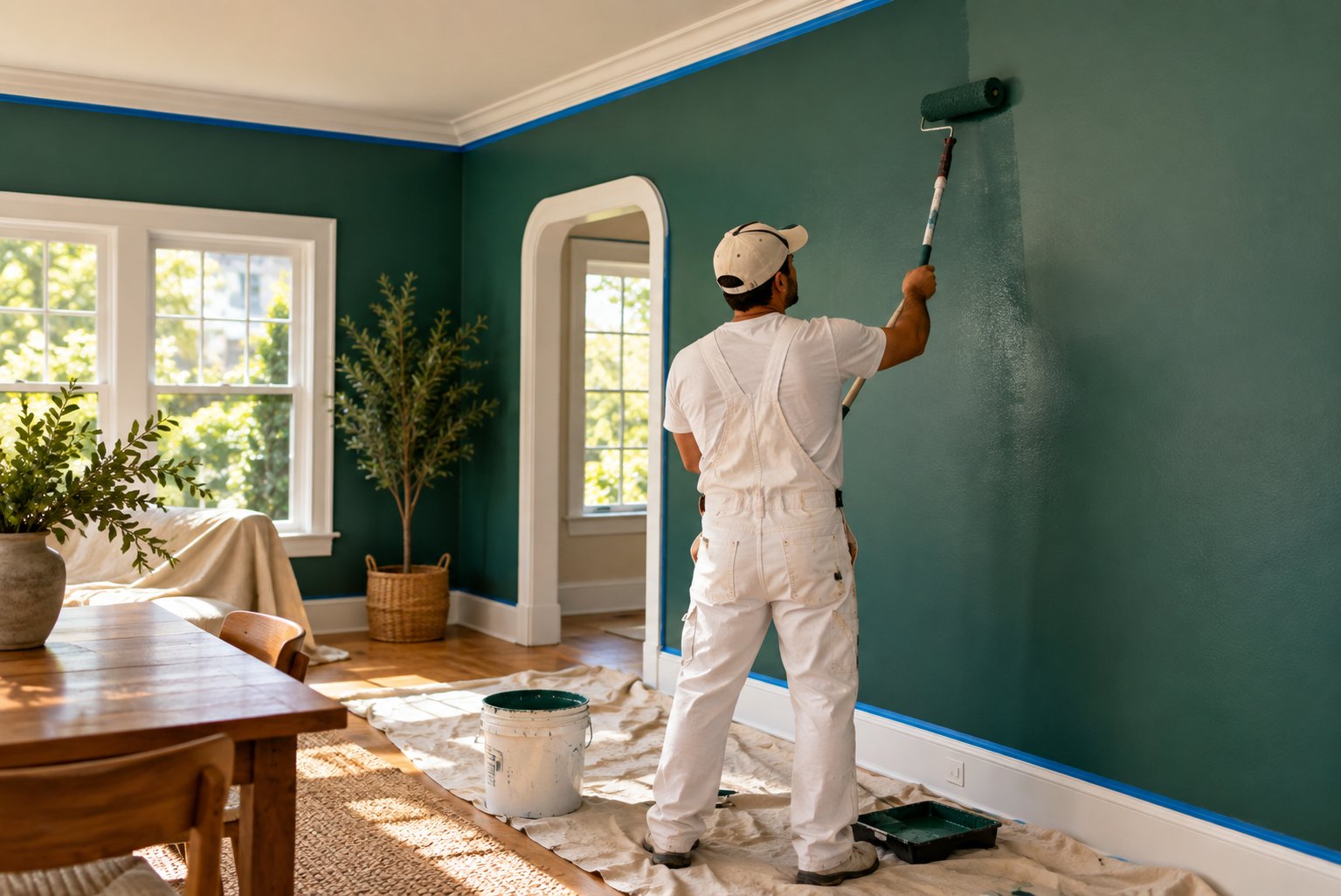 Painter rolling a smooth, even coat of paint onto an interior wall with taped trim
