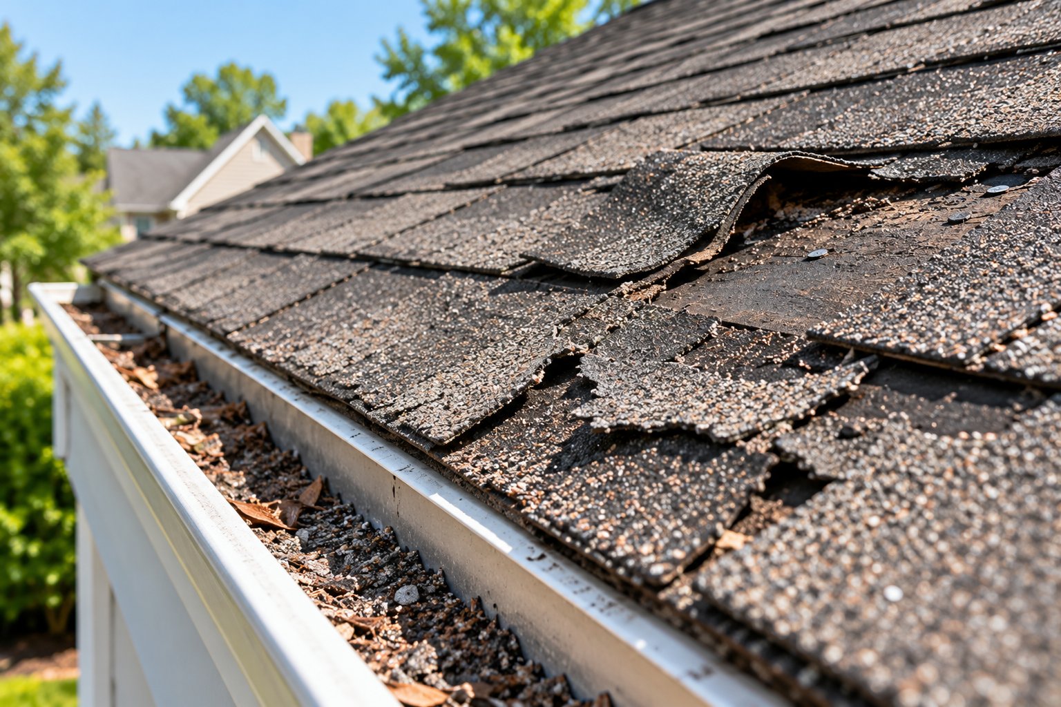 Close-up of curled and missing asphalt roof shingles with granules collected in a gutter