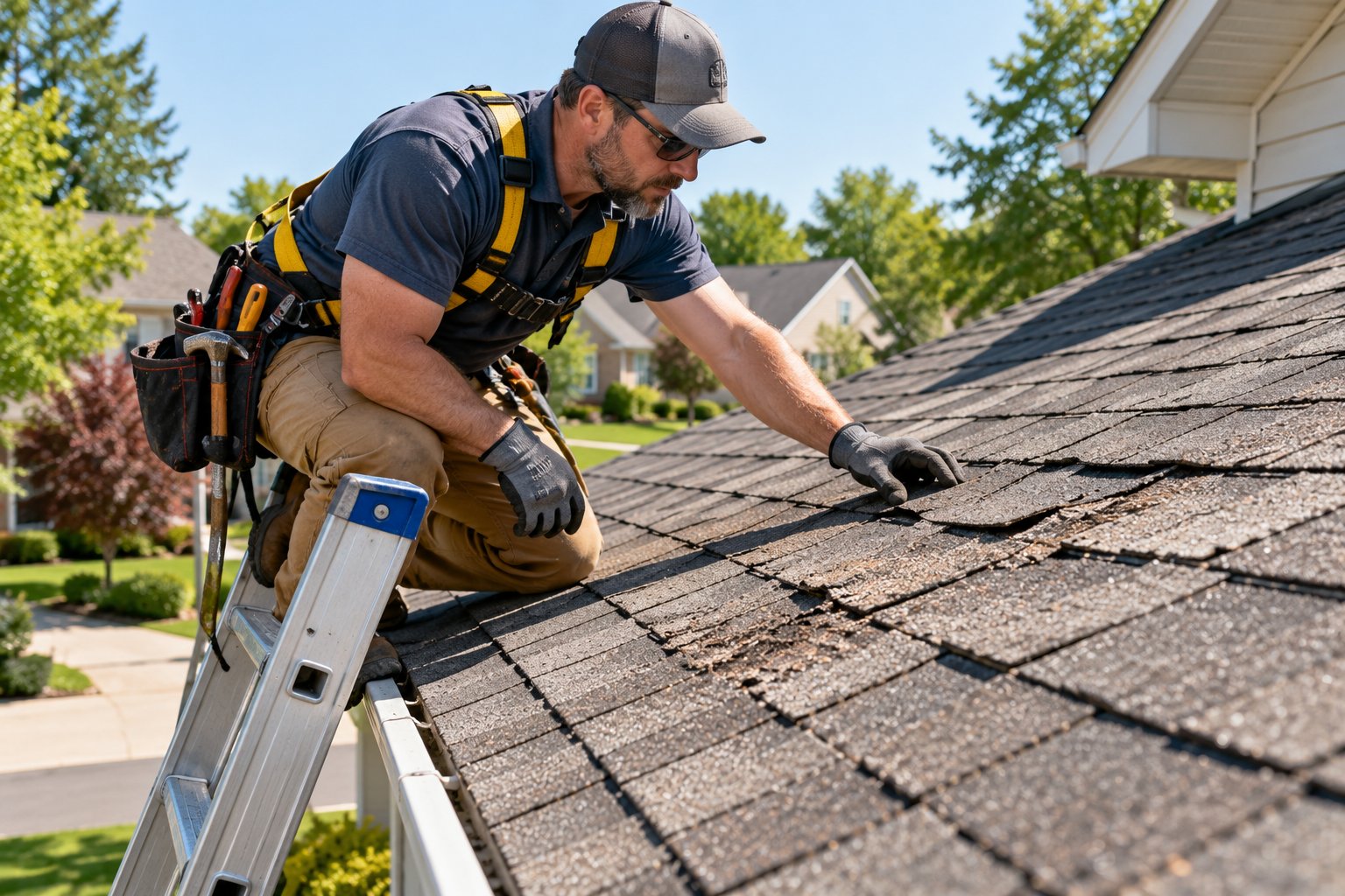 Professional roofer inspecting worn asphalt shingles on a suburban house roof, ladder and tool belt visible