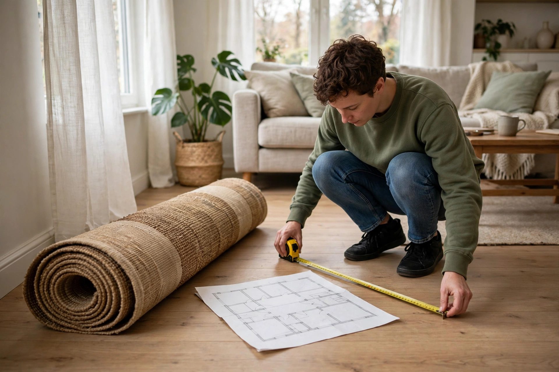 Person measuring a living room floor with a tape measure beside a rolled-up rug and a paper room sketch