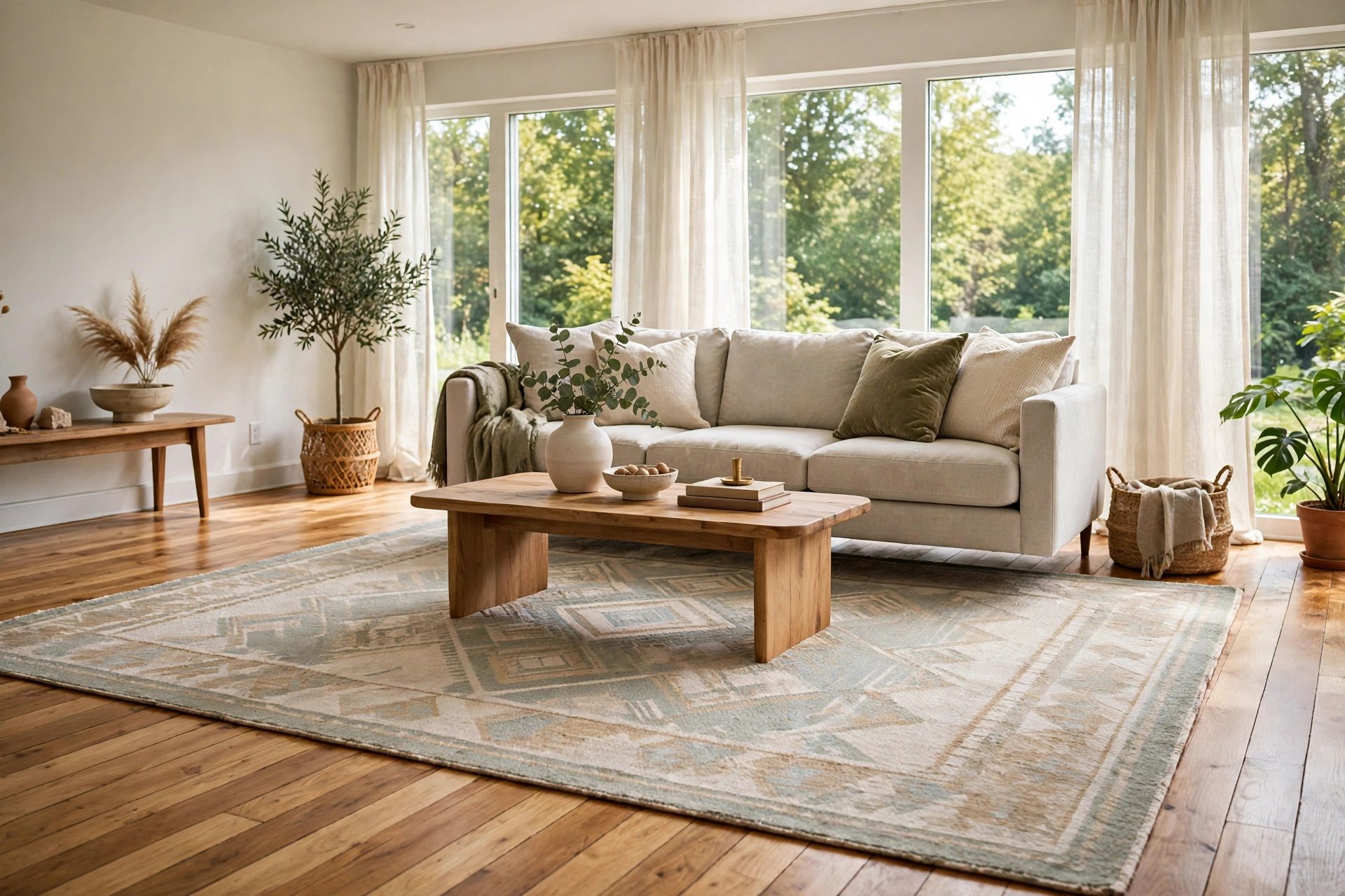 Bright living room with a large patterned area rug correctly sized under a sofa and coffee table, hardwood floor border visible