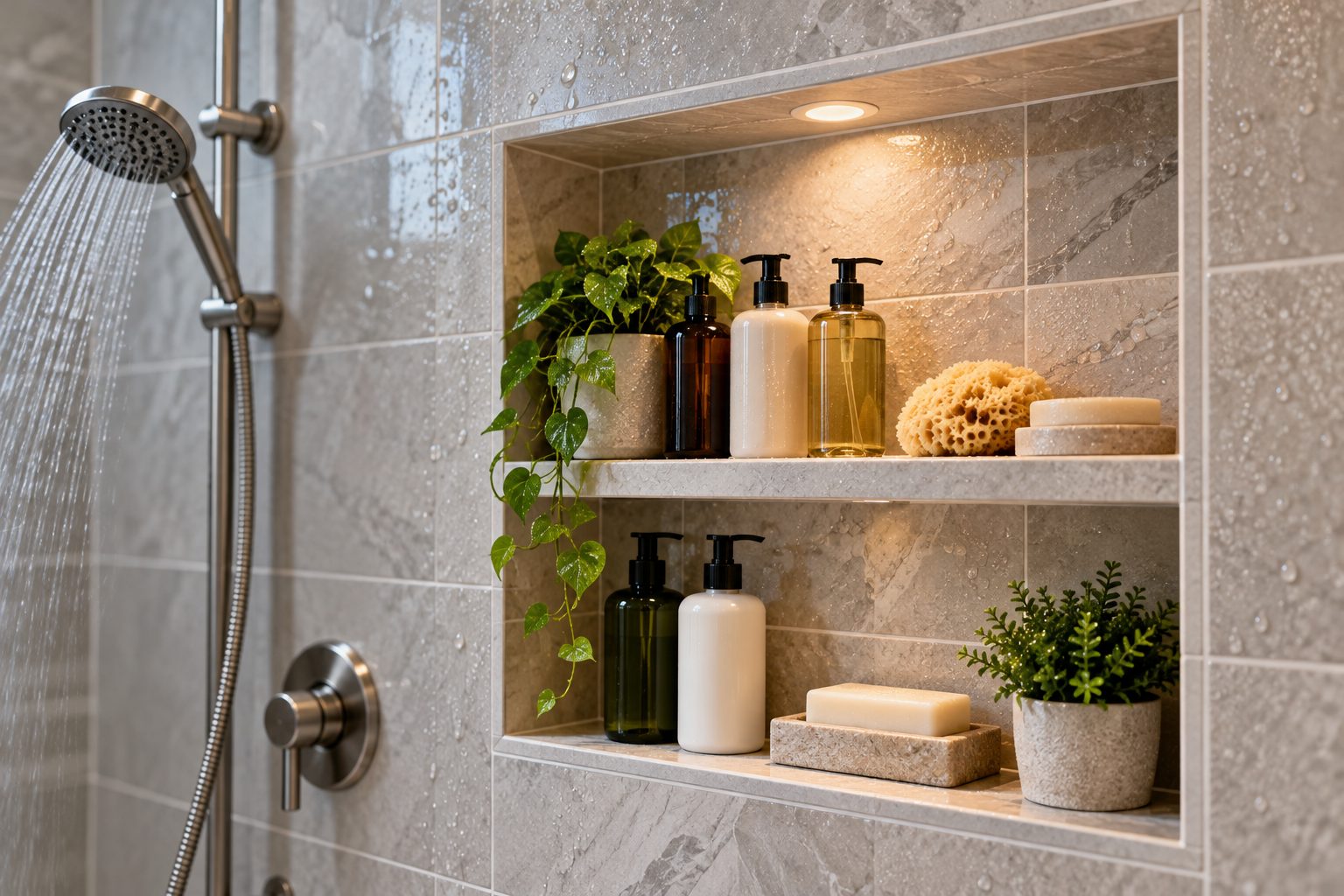 Recessed bathroom shower niche with shampoo bottles on tiled shelves
