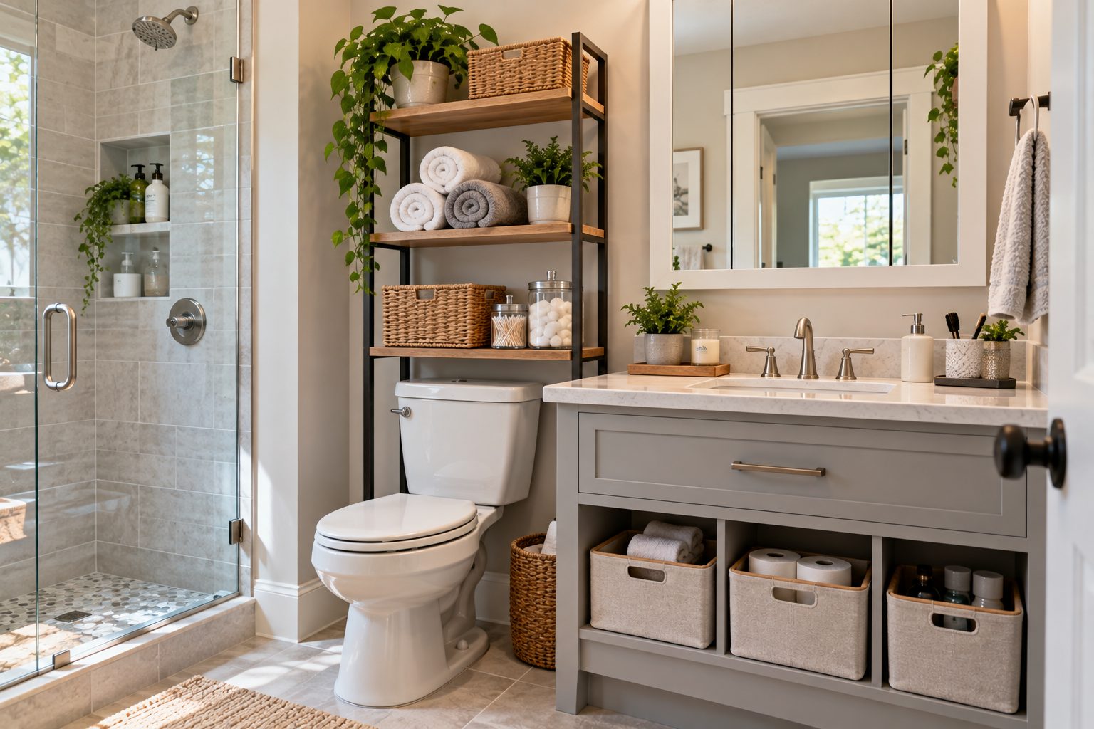 Small bright bathroom with over-toilet shelving, mirrored cabinet and organised vanity
