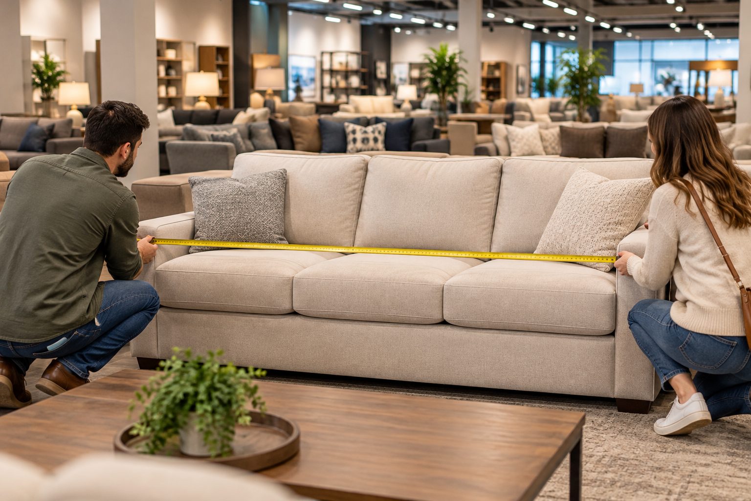 Two people measuring a sofa width with a tape measure in a furniture showroom