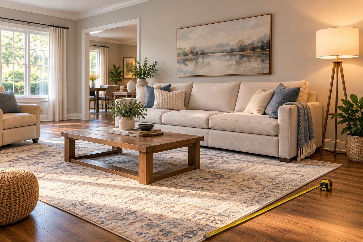 Spacious living room with a large three-seat fabric sofa against a long wall, coffee table and rug, tape measure on the floor