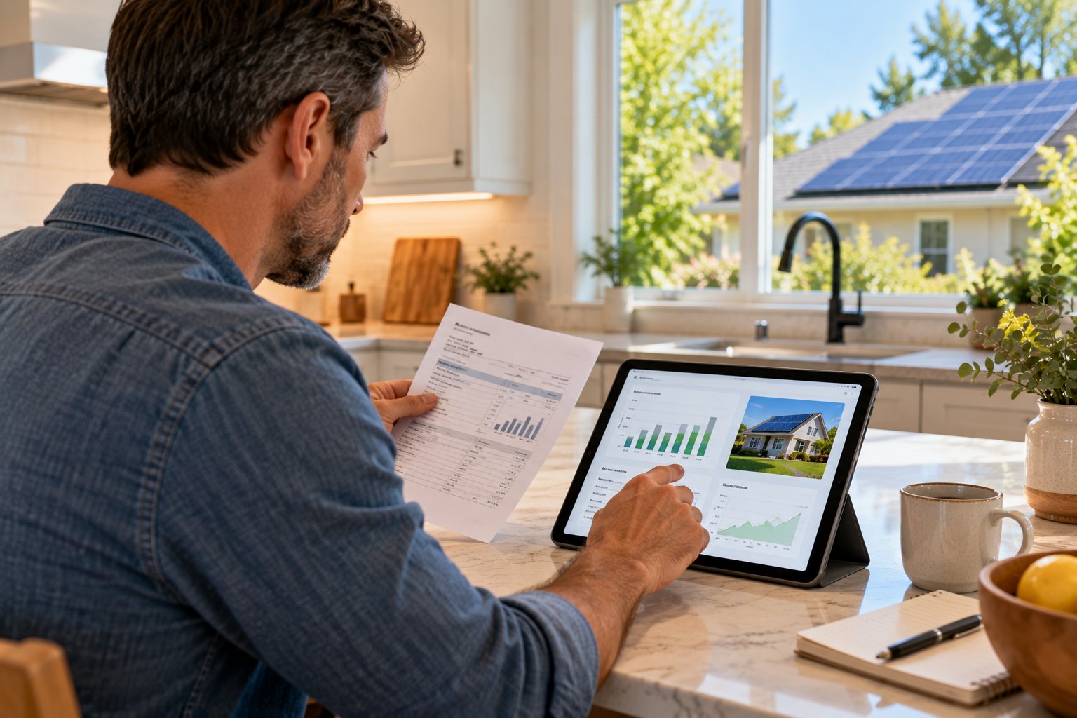 Homeowner reviewing an electricity bill and solar savings figures on a tablet at a kitchen counter, solar panels visible through the window