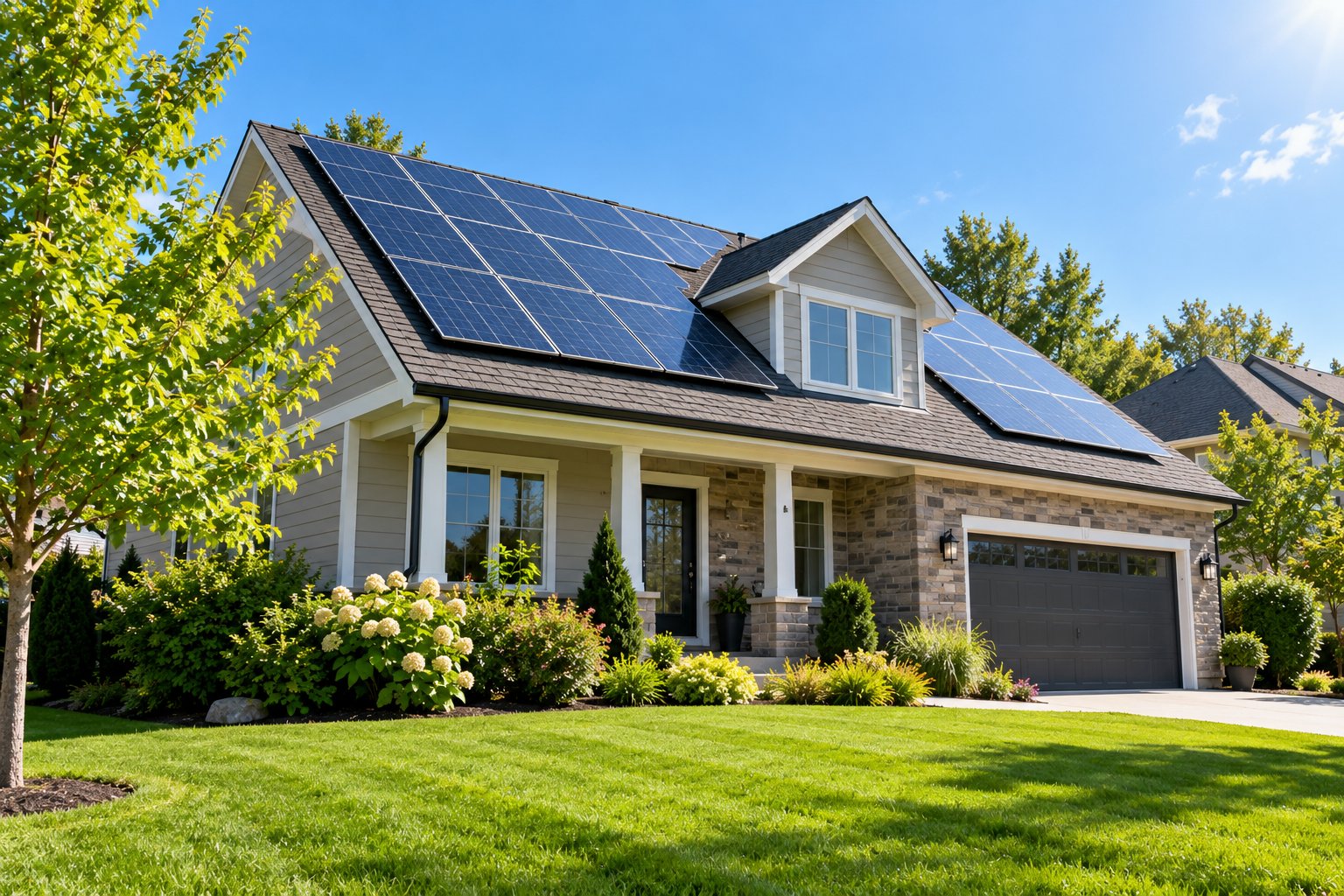 Suburban family house with a full array of solar panels on its roof on a sunny day, green lawn and blue sky