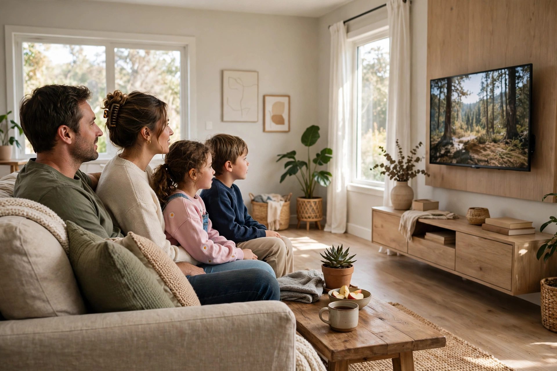 Family watching television from a sofa, side view showing the distance between sofa and screen