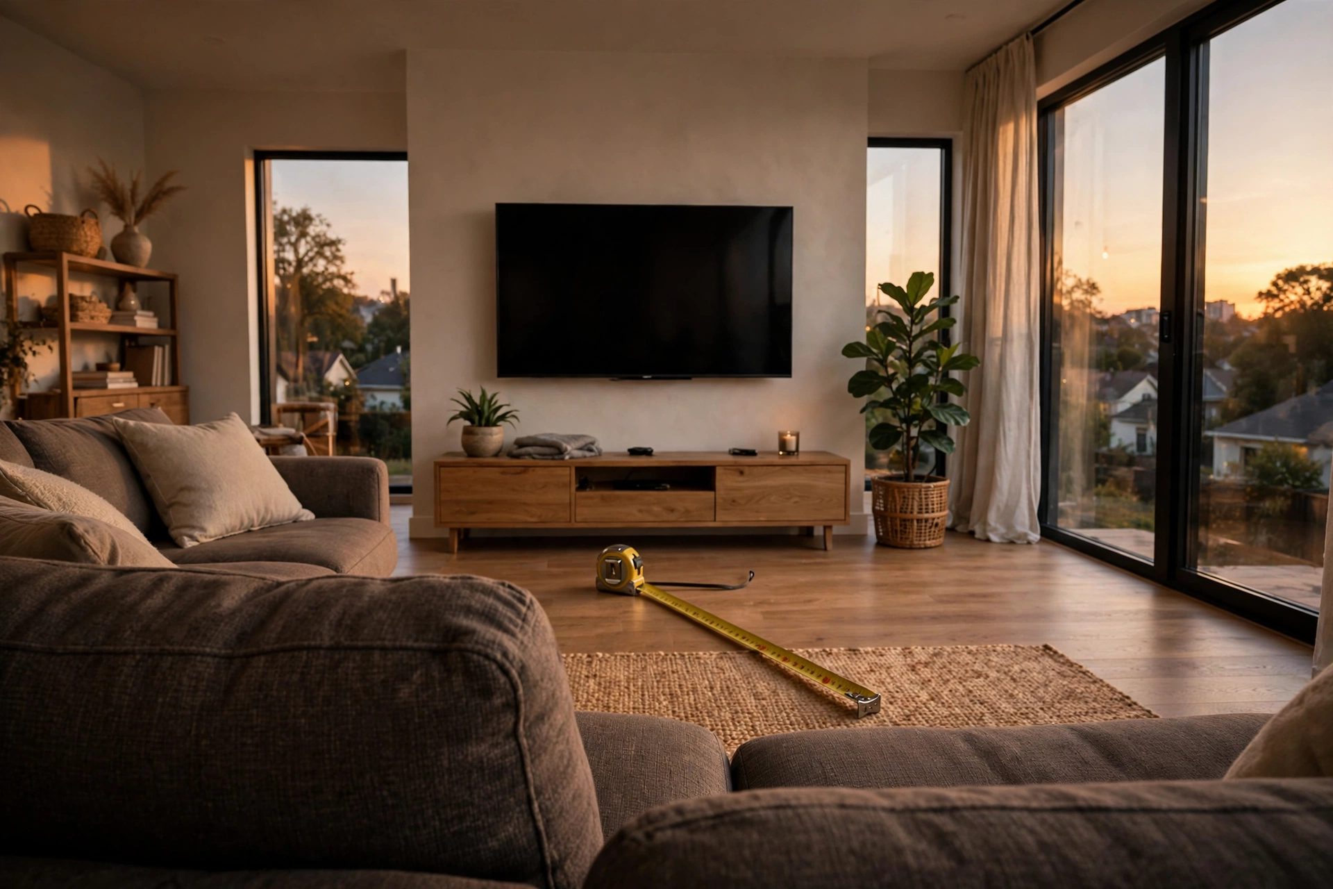 Living room with a wall-mounted television viewed from a sofa at a comfortable distance, tape measure on the floor
