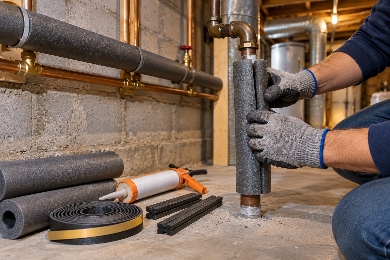 Hands in work gloves wrapping foam insulation around an exposed basement water pipe