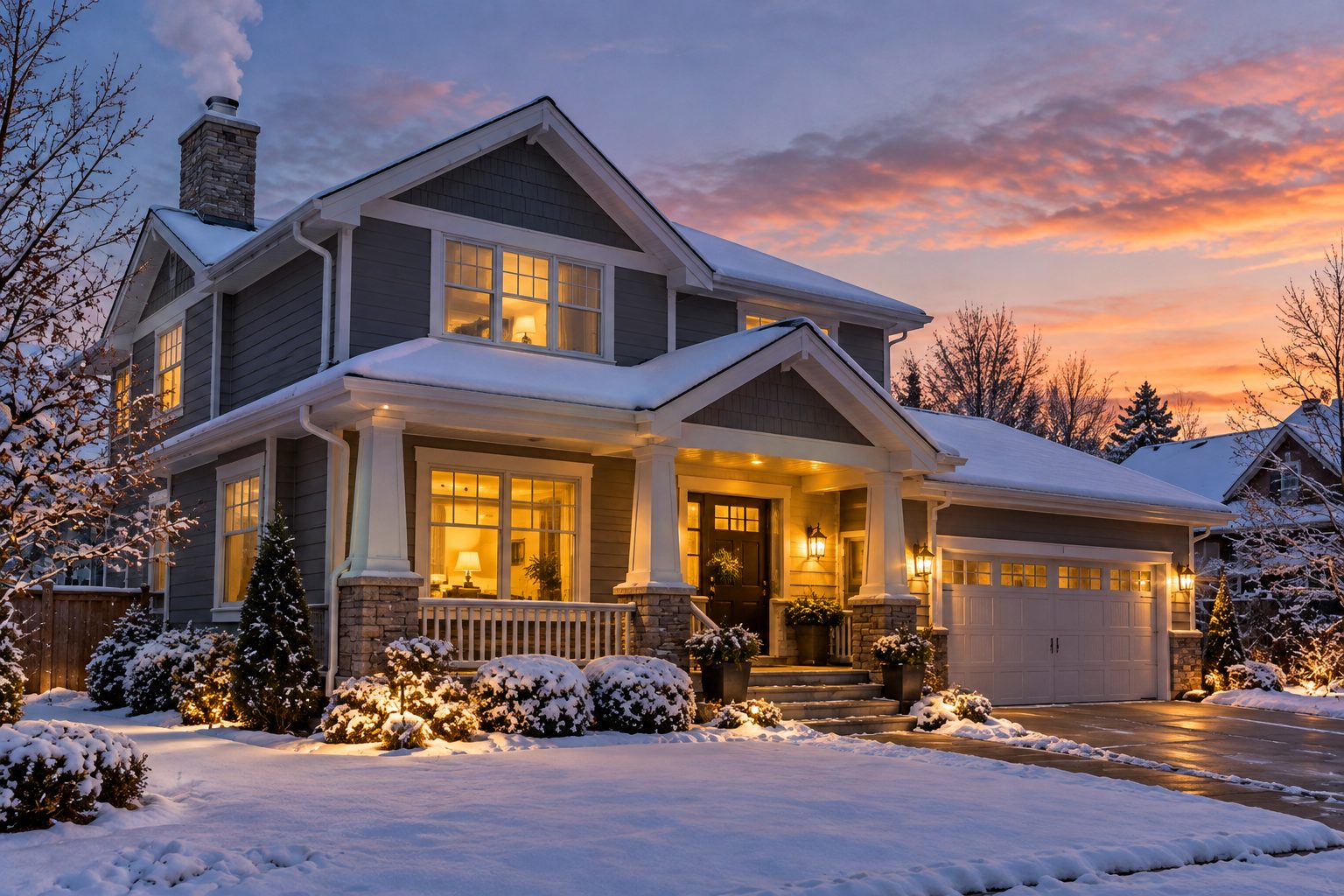 Suburban house in light snow at dusk with warm lights in windows, clean gutters and a covered porch