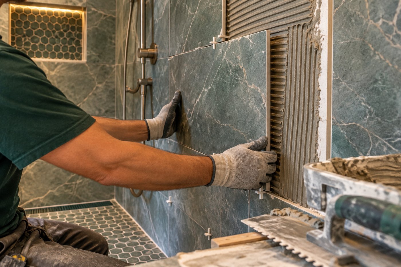 Tiler applying large-format tiles to a bathroom wall over a waterproofing membrane